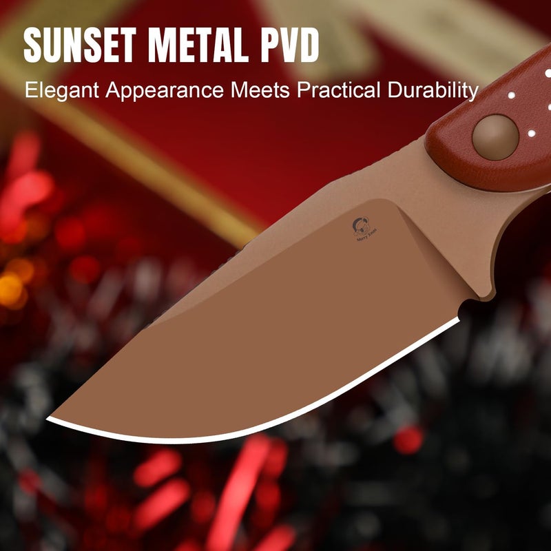 KIZER Hare Fixed Blade Knife with Sheath, 3.14" D2 Sunset Metal PVD Blade EDC Hunting Knife with Red G10 Handle, Small Camping Knives for Men Women, Pocket Carry Survival Neck Knives, 1077MC1 - Image 3